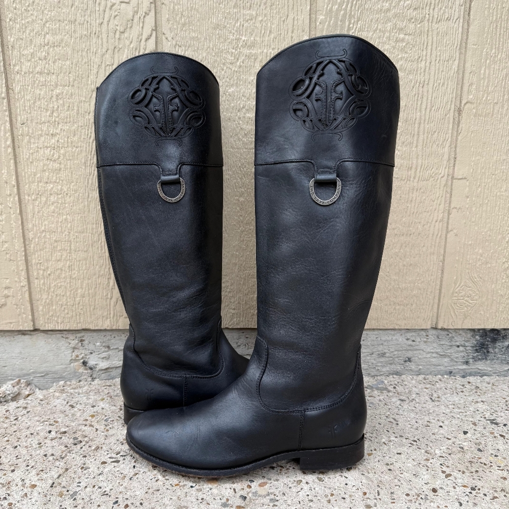 Frye Melissa Logo Black Leather Tall Riding Boots